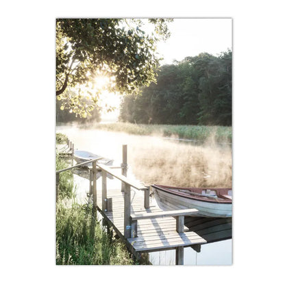 spring lake sunrise with reed grass and tree Nordic canvas wall art