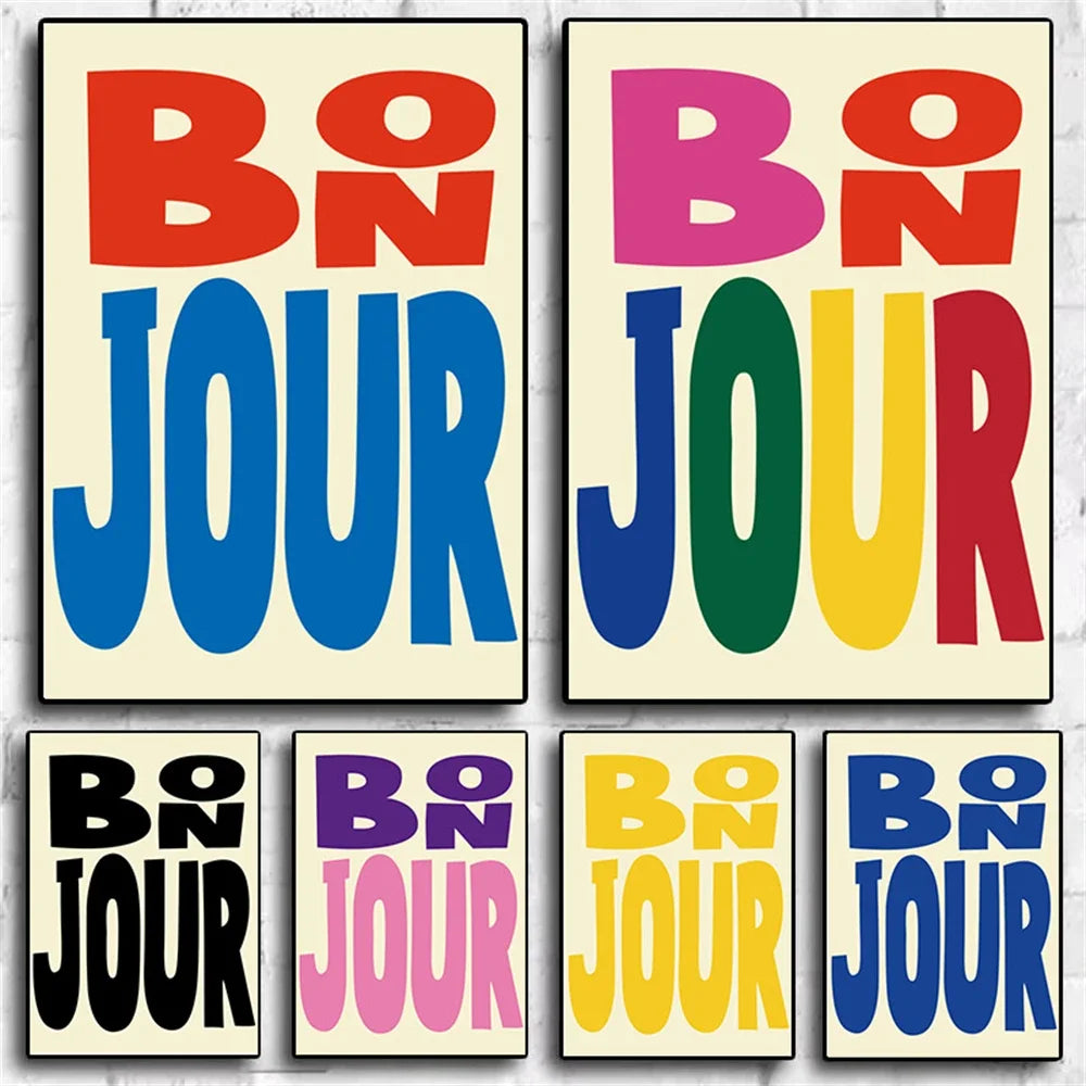 colorful “bonjour” French greeting quote canvas wall art