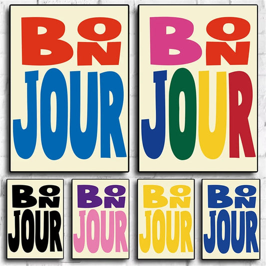 colorful “bonjour” French greeting quote canvas wall art