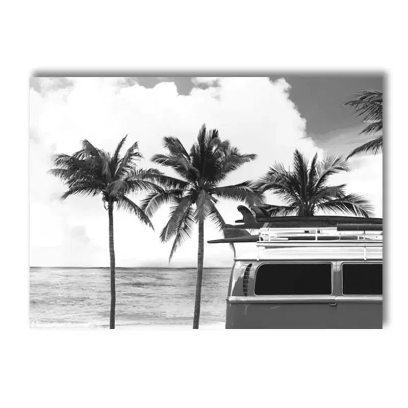 black and white starfish beach with palm tree sun and sea nordic canvas