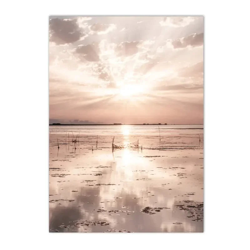 sunset lake with hut bridge and canoe among reeds Nordic canvas wall art