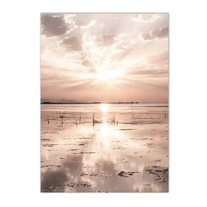 sunset lake with hut bridge and canoe among reeds Nordic canvas wall art