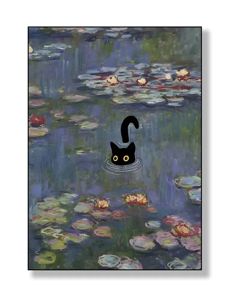 black cat with impressionist water lilies canvas wall art