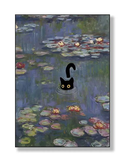 black cat with impressionist water lilies canvas wall art