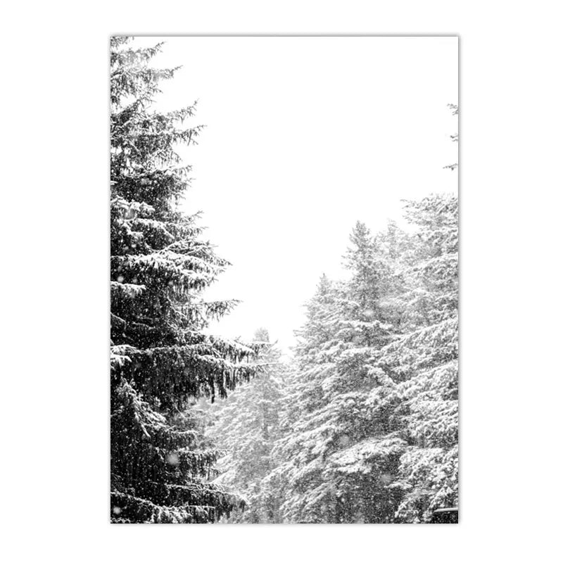 black and white winter ski scene with dog deer and snowy forest on canvas