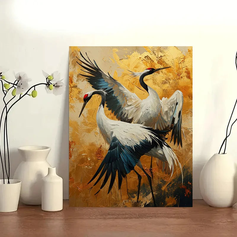 elegant two cranes art deco frameless canvas print