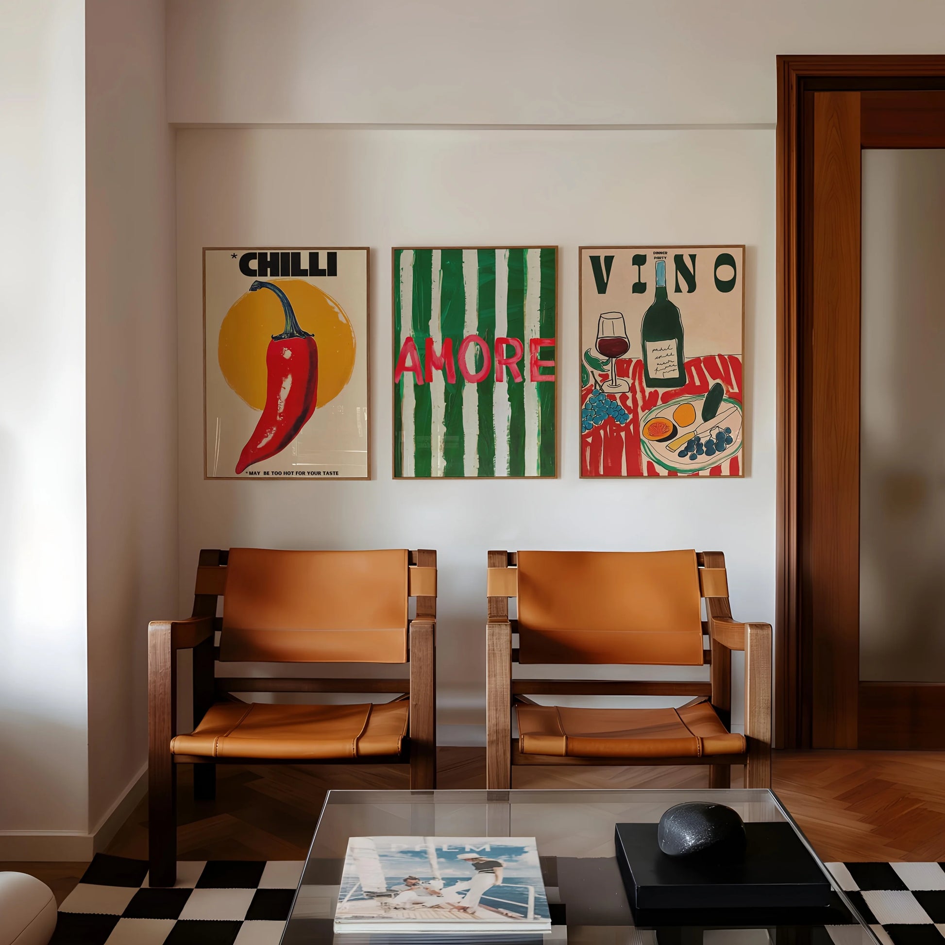 vintage amore vino wine glass chili dopamine unframed triptych canvas