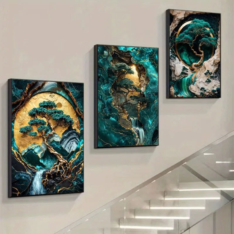 jade green marble effect with gold lines three piece canvas set