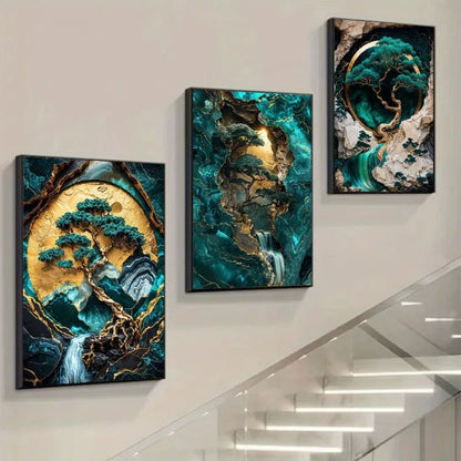 jade green marble effect with gold lines three piece canvas set