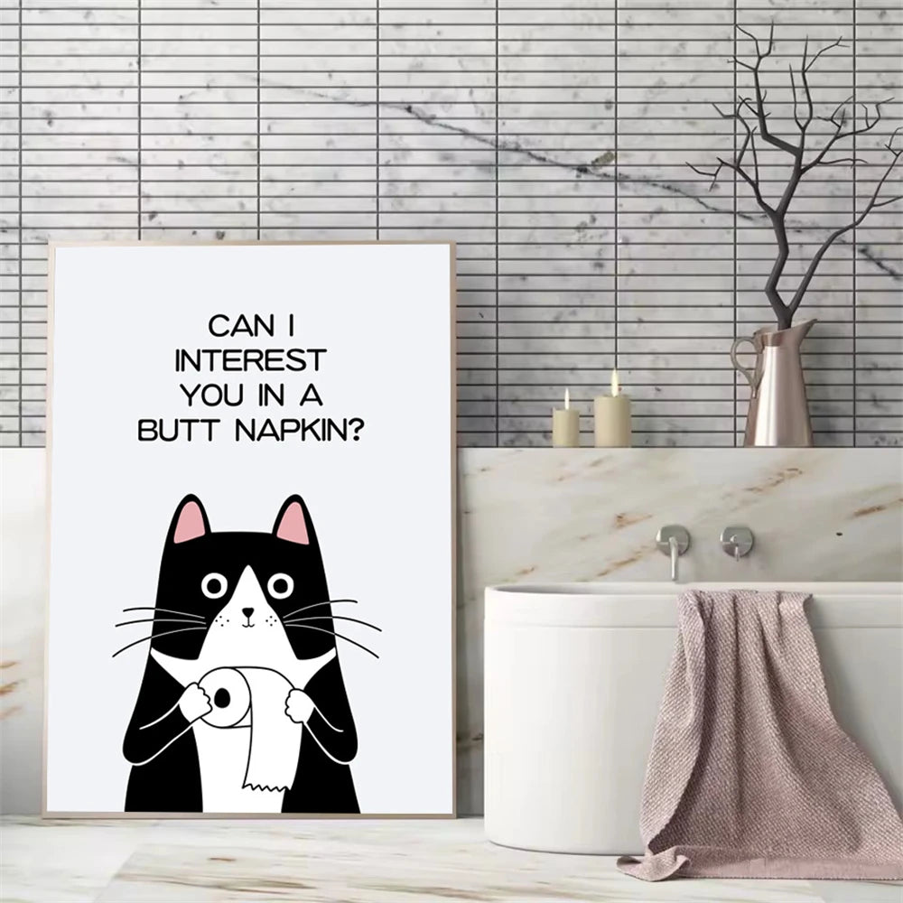 black and white funny cat bathroom wall art canvas