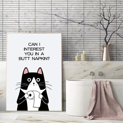 black and white funny cat bathroom wall art canvas