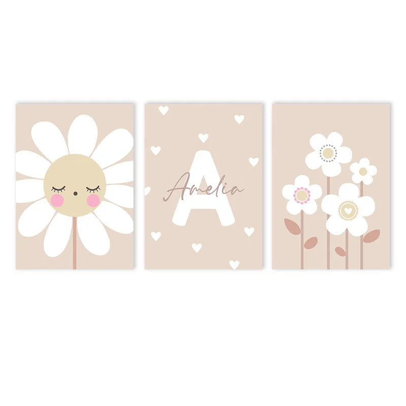 beige cartoon sunflower nursery canvas with custom name