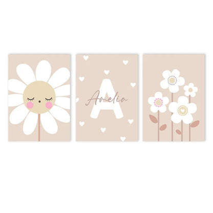 beige cartoon sunflower nursery canvas with custom name