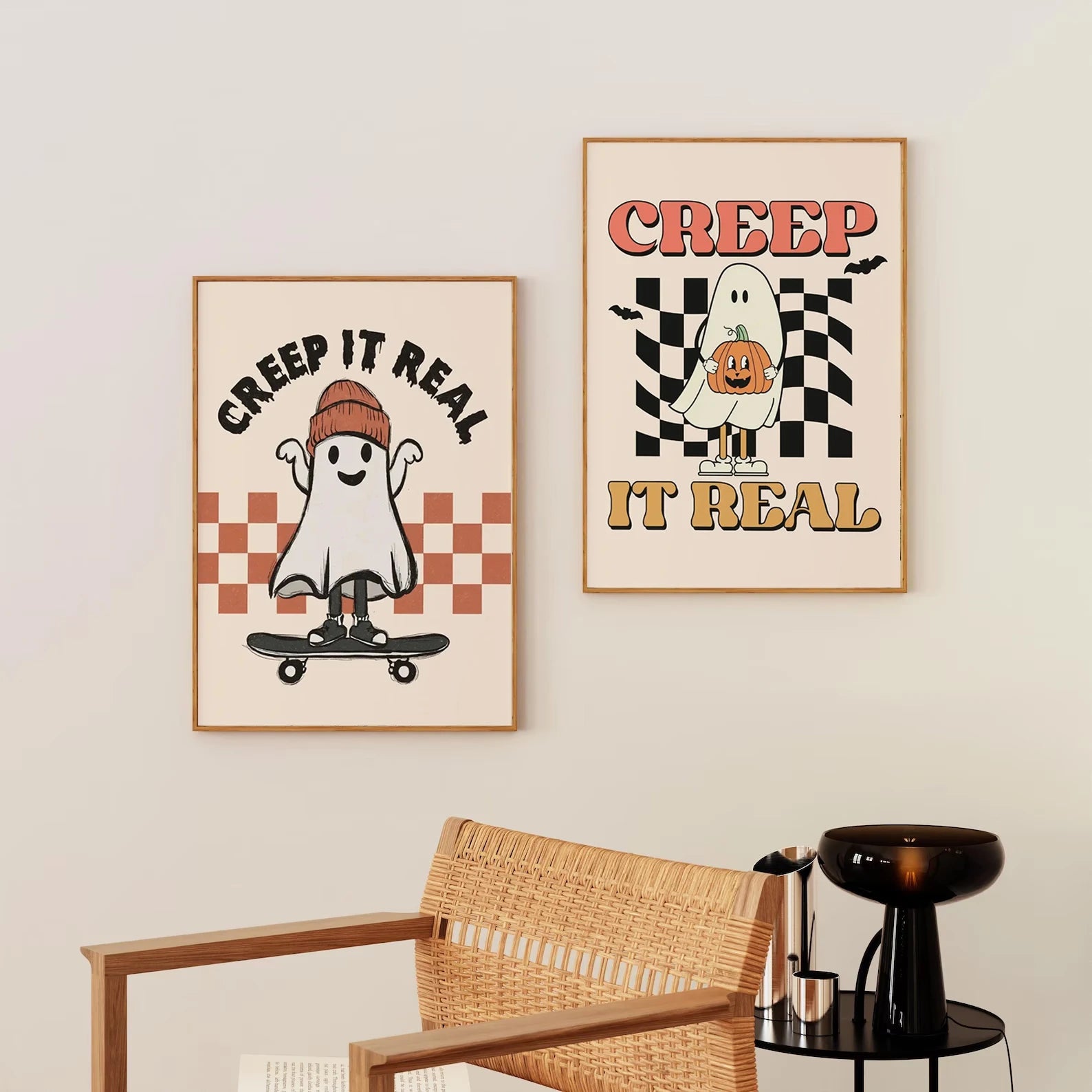 Vintage ghost and pumpkin Halloween “Creep It Real” canvas wall art