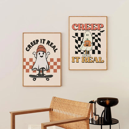 Vintage ghost and pumpkin Halloween “Creep It Real” canvas wall art