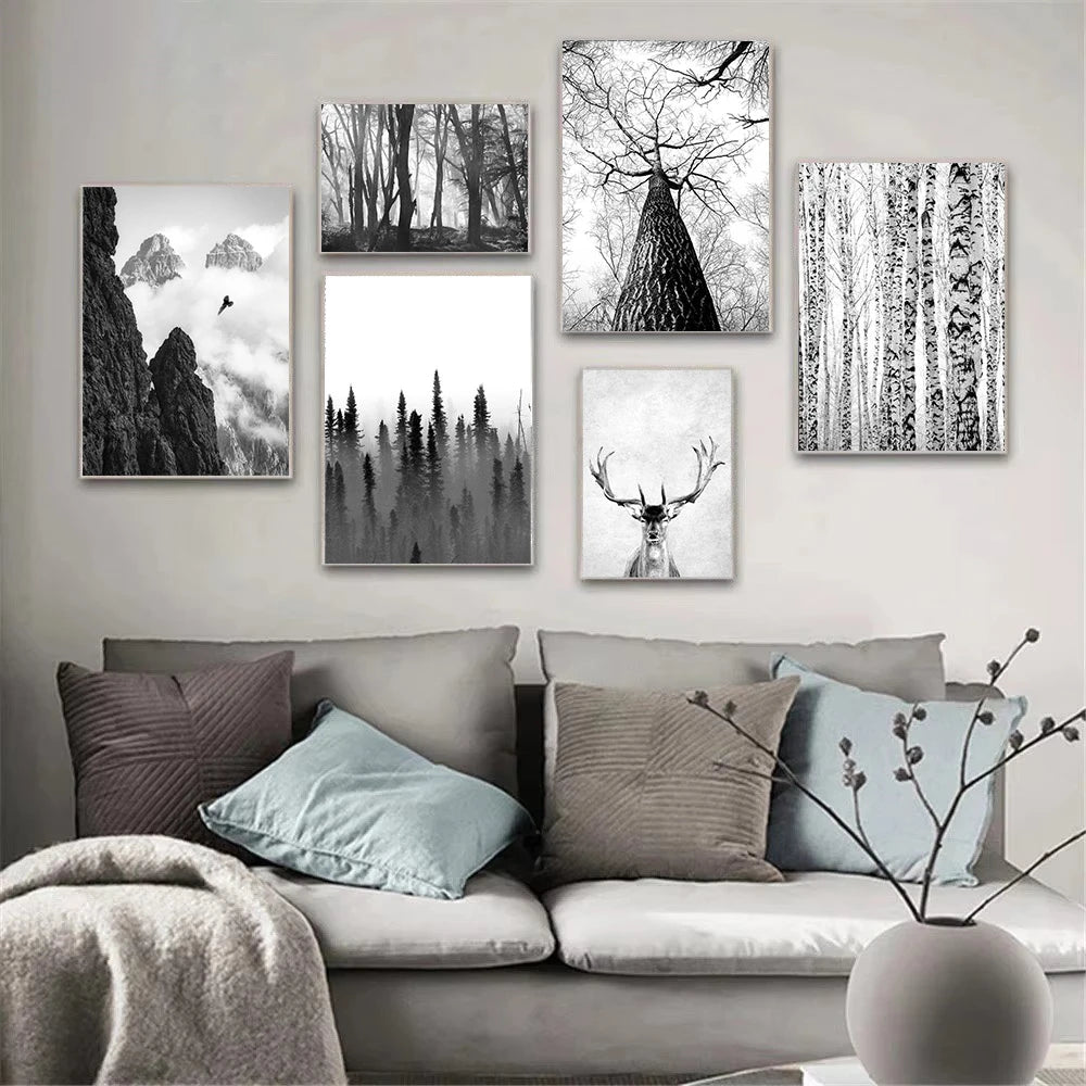 black and white foggy forest canvas with tree branch and deer