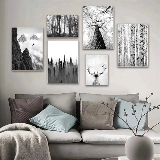 black and white foggy forest canvas with tree branch and deer