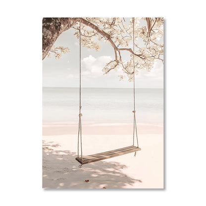 beach sunset with seagull and bridge with beige reeds Nordic canvas wall art