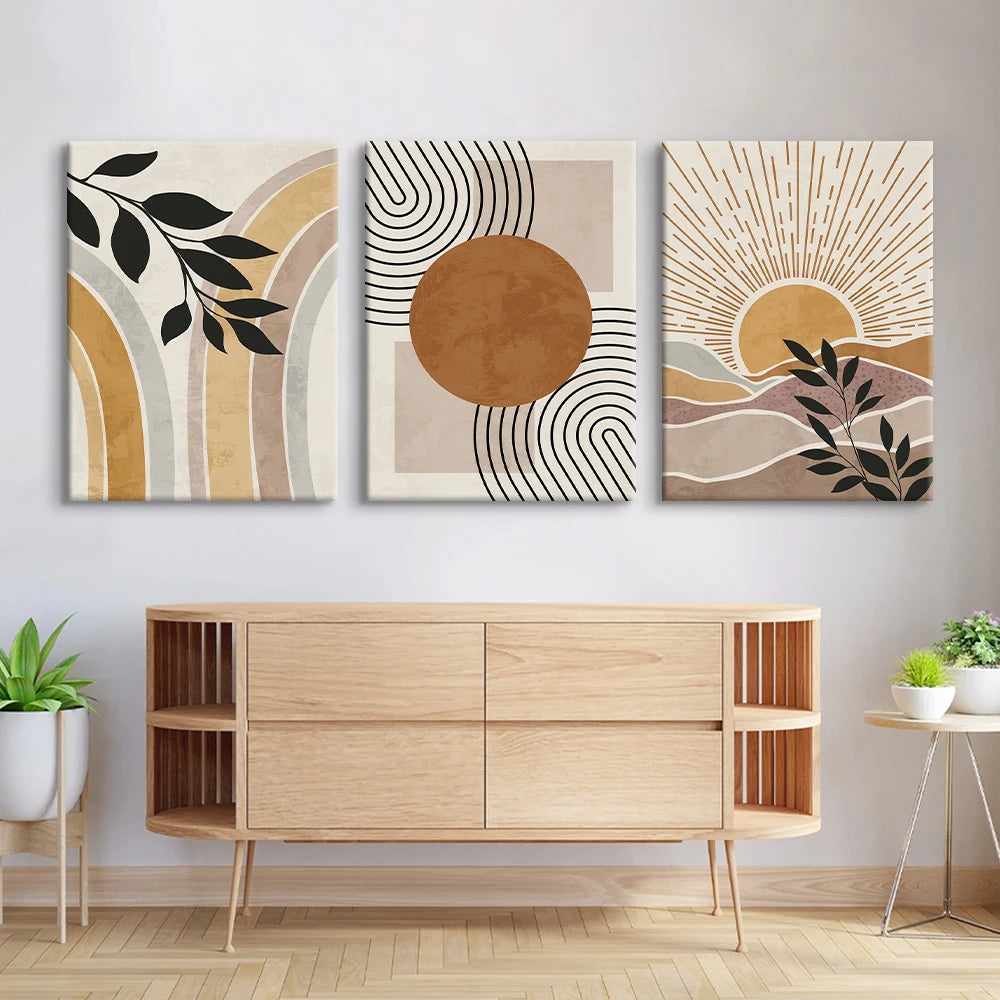 Geometric Sun Plant Canvas - Set Of 3