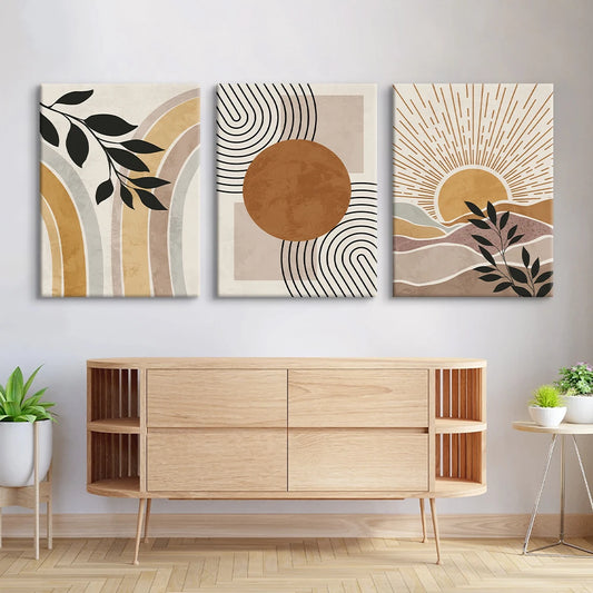 Geometric Sun Plant Canvas - Set Of 3