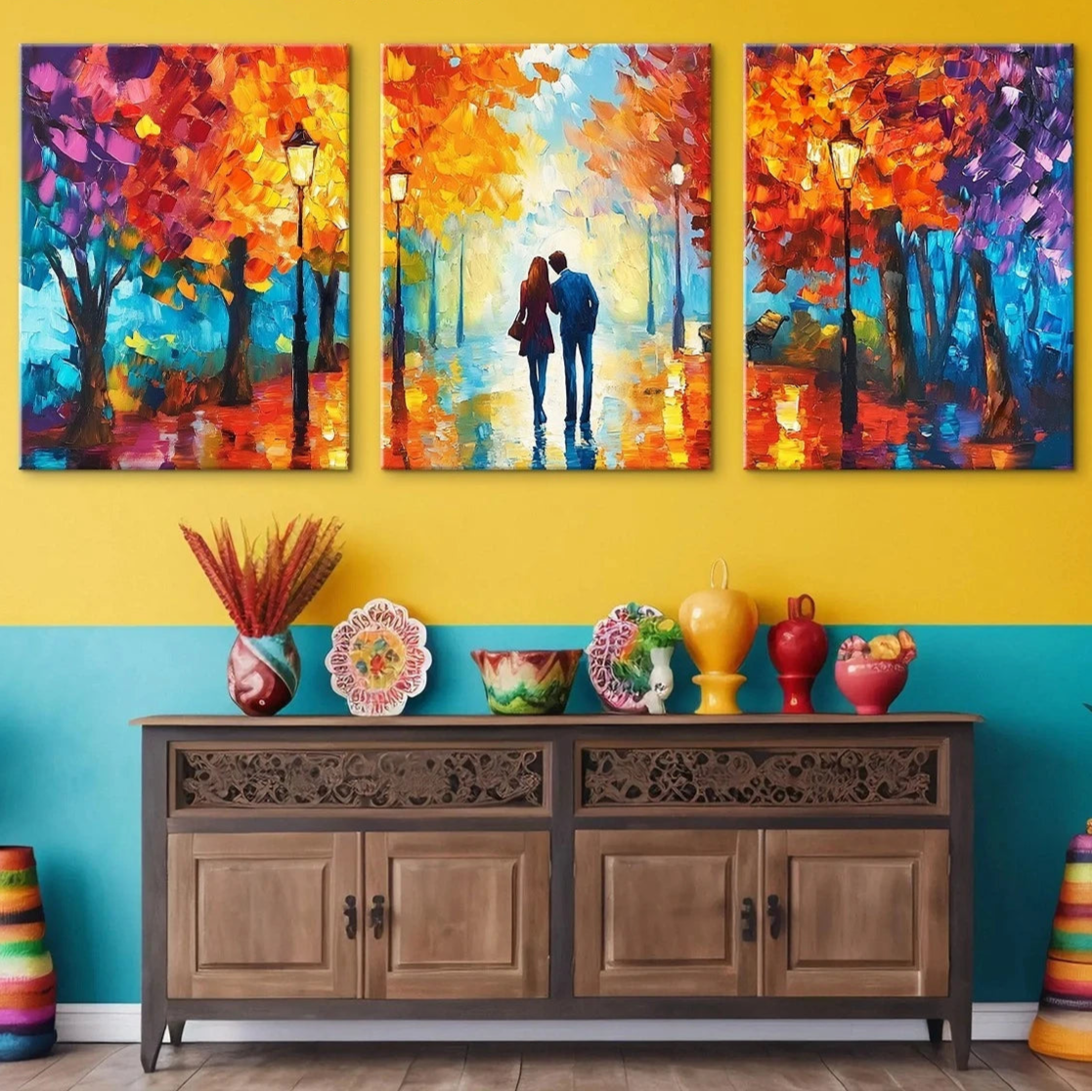Abstract Romantic Lovers Cityscape Autumn Canvas - Set Of 3