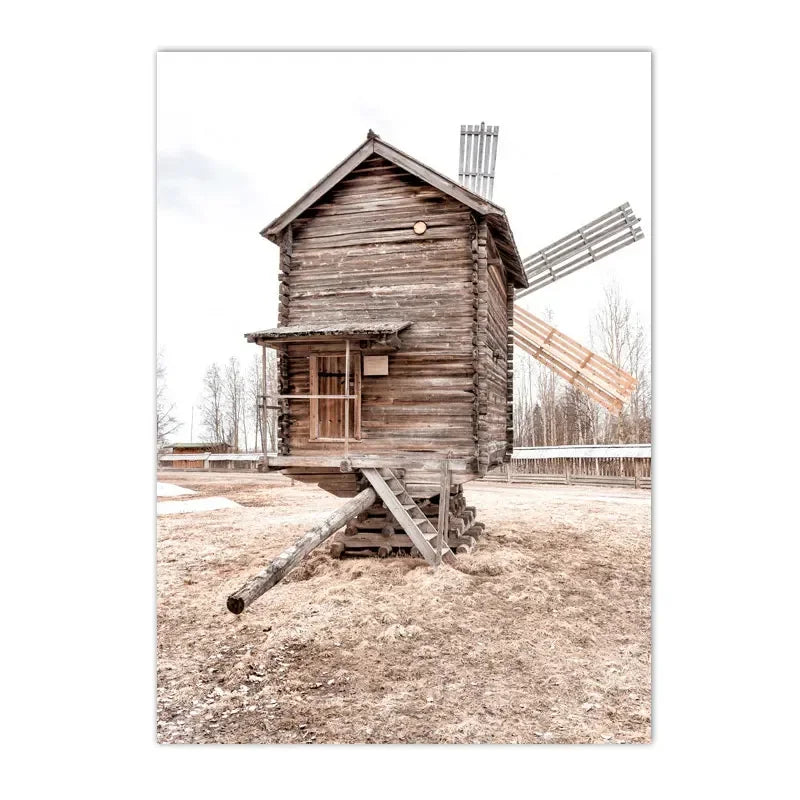 sunset lake with hut bridge and canoe among reeds Nordic canvas wall art