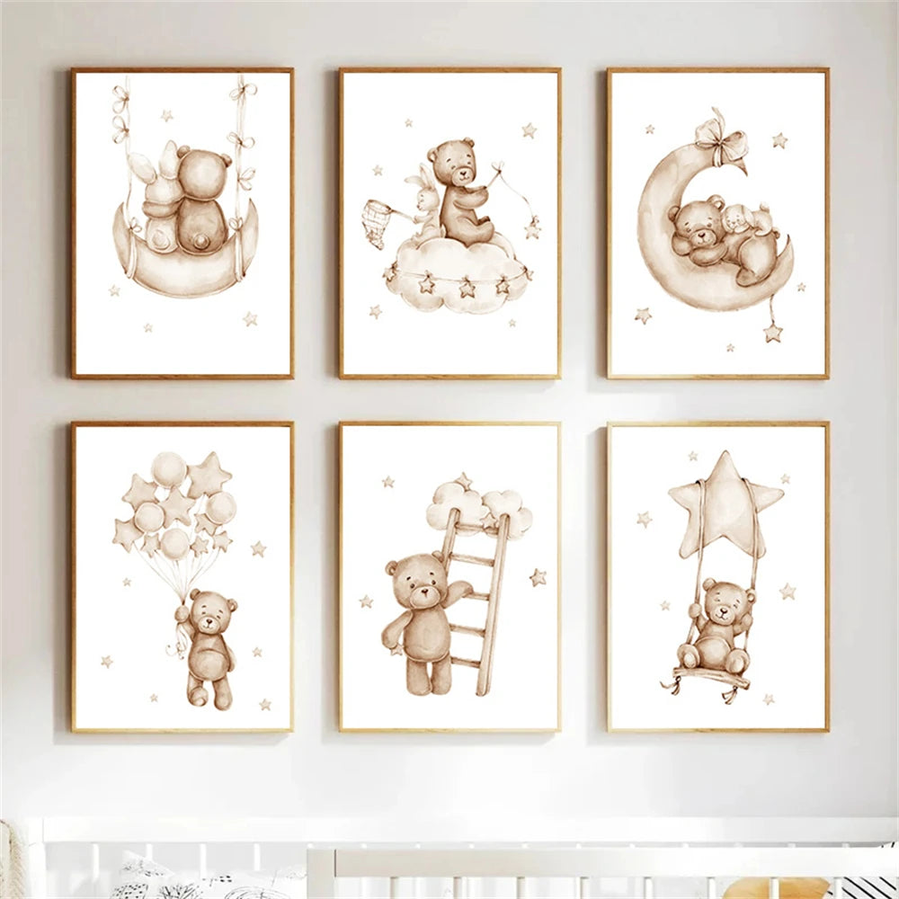 Nordic kids canvas with moon, stars, rabbit and bear