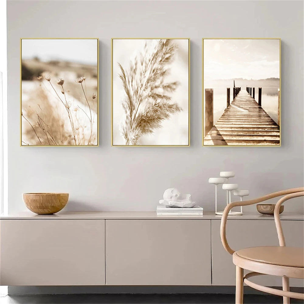 beige reed grass landscape with bridge nordic canvas