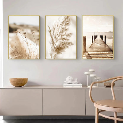 beige reed grass landscape with bridge nordic canvas