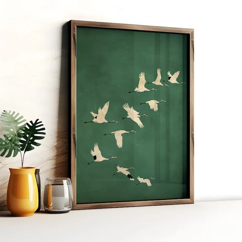 vintage japanese flying crane elegant bird canvas