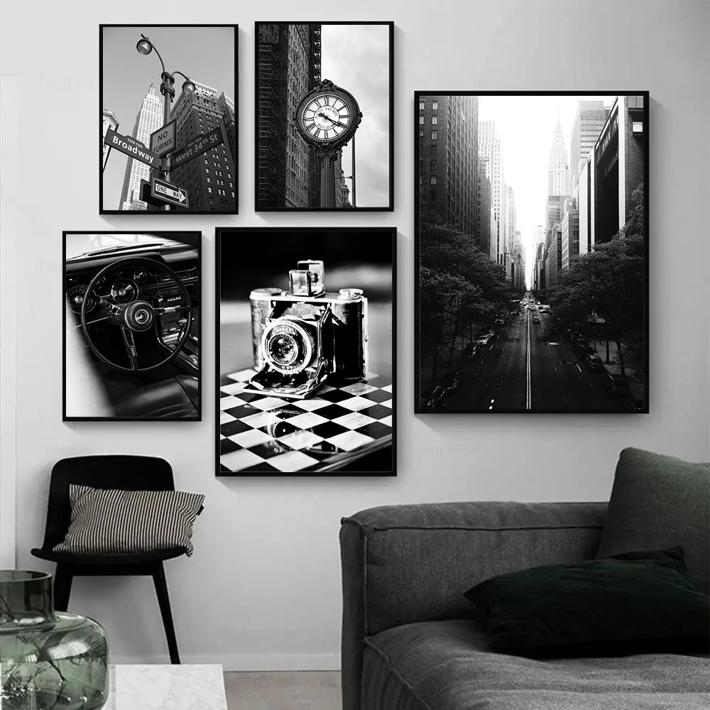 black and white new york themed still life canvas with guitar and camera