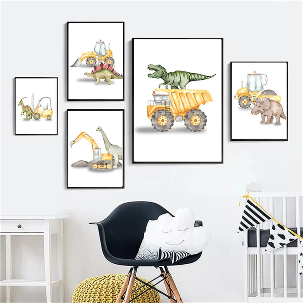 Cartoon dinosaur with trucks, tractor and excavator kids’ canvas