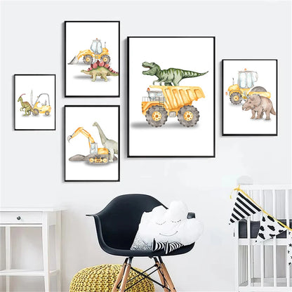 Cartoon dinosaur with trucks, tractor and excavator kids’ canvas