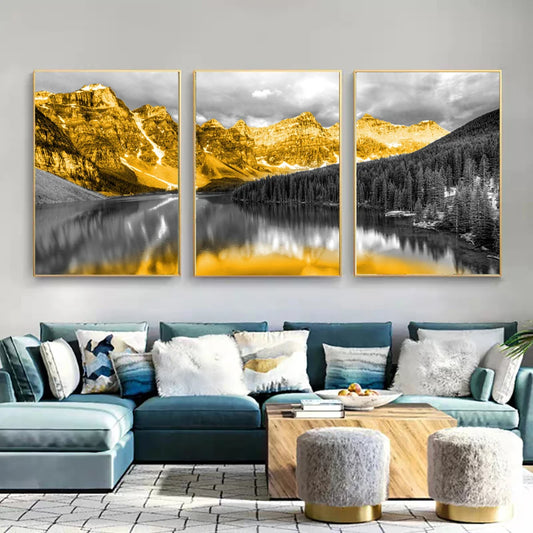 Three-piece golden snow mountain and lake landscape canvas set