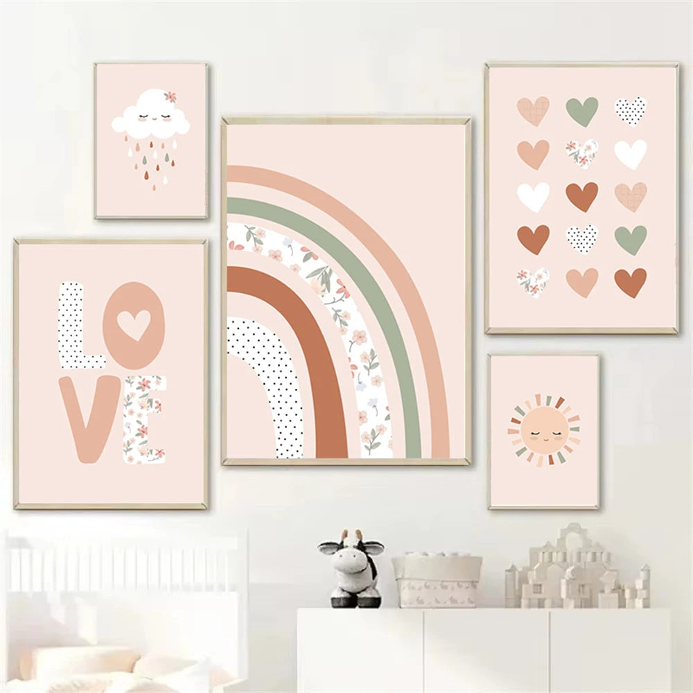 pink rainbow hearts sun and clouds nordic kids canvas