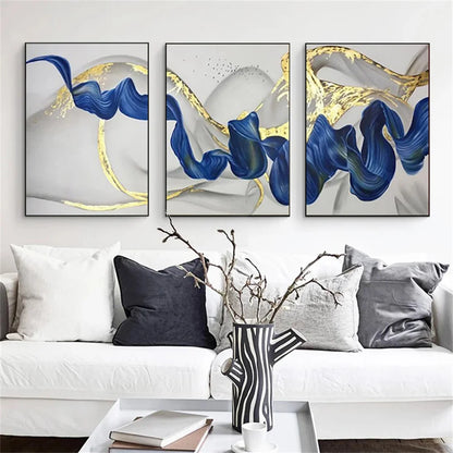 Three-panel blue and gold abstract wave canvas wall art