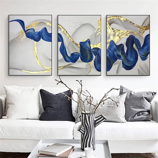 Three-panel blue and gold abstract wave canvas wall art