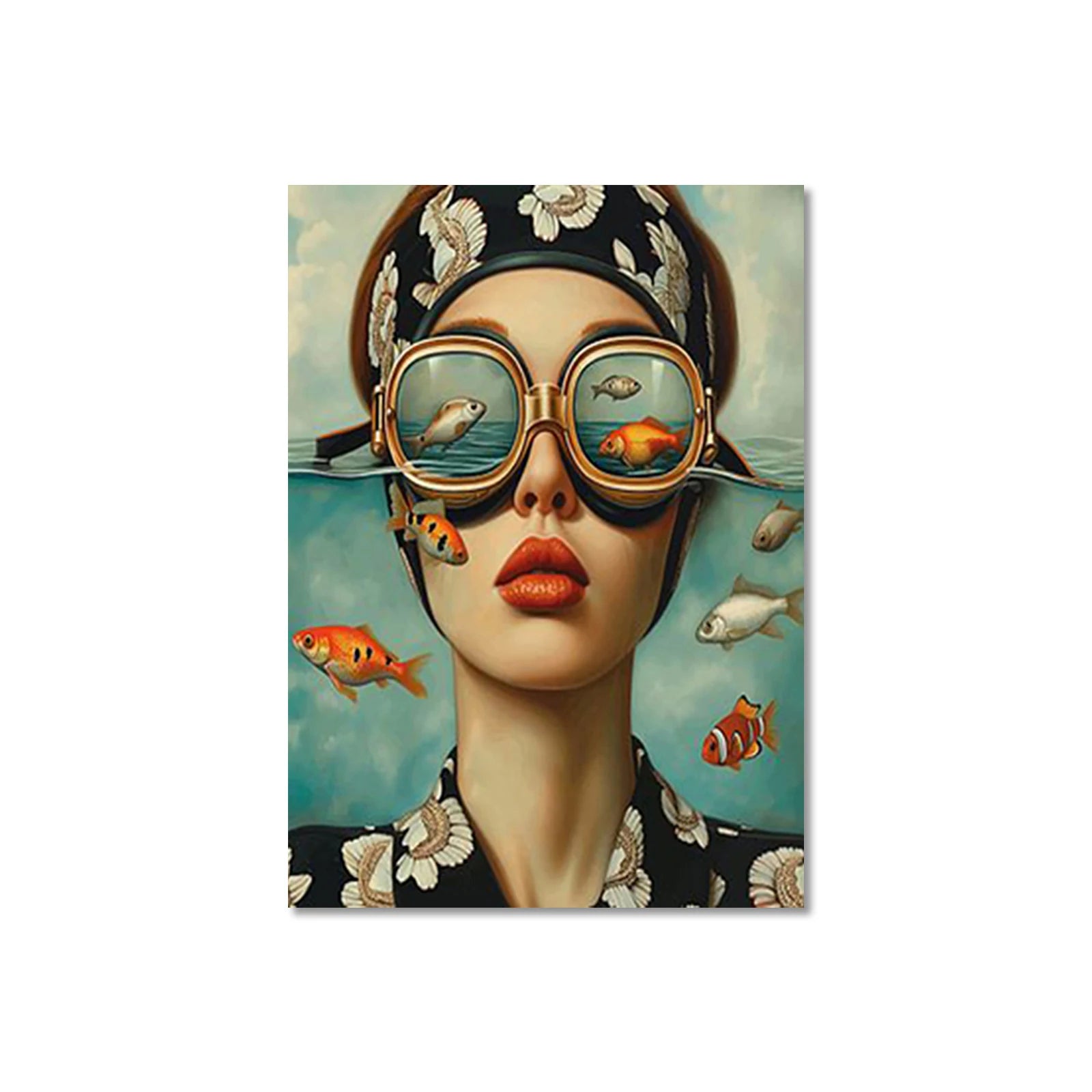 whimsical illustration of a girl wearing glasses standing in water on canvas