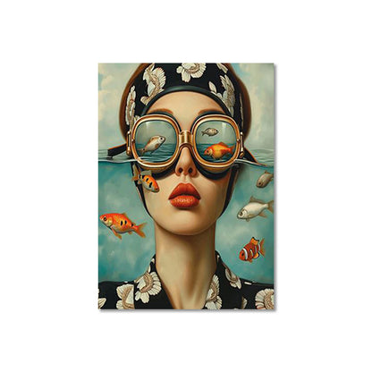 whimsical illustration of a girl wearing glasses standing in water on canvas