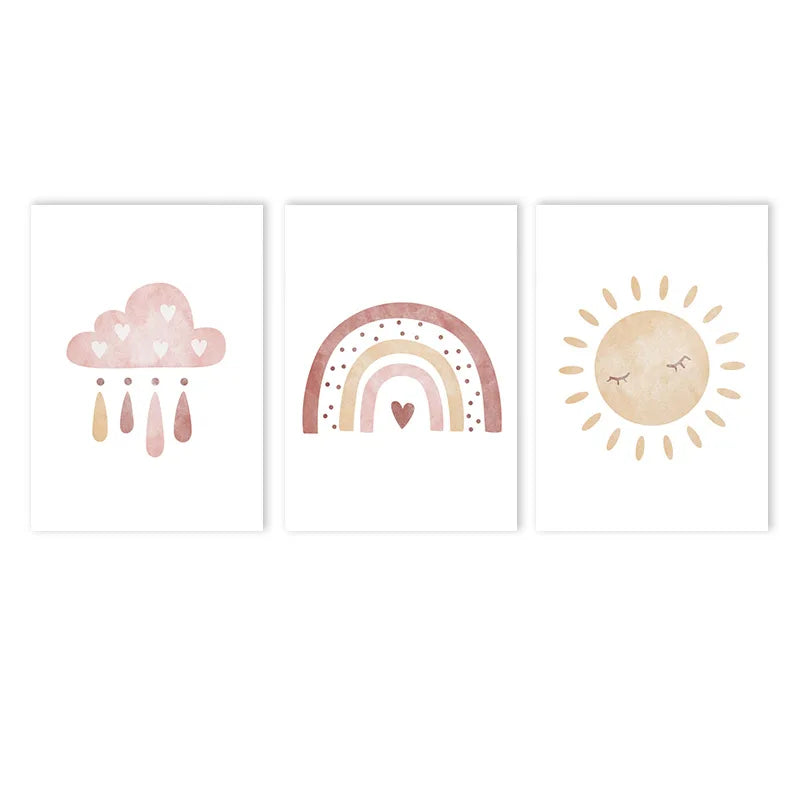 sun cloud heart rainbow boho Nordic kids canvas wall art