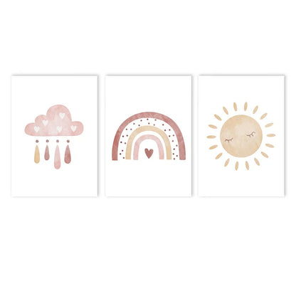 sun cloud heart rainbow boho Nordic kids canvas wall art