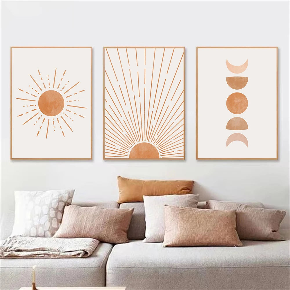 boho mid century abstract sun and moon nordic canvas