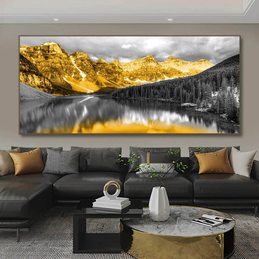 Golden mountains reflected in black lake modern landscape canvas wall art