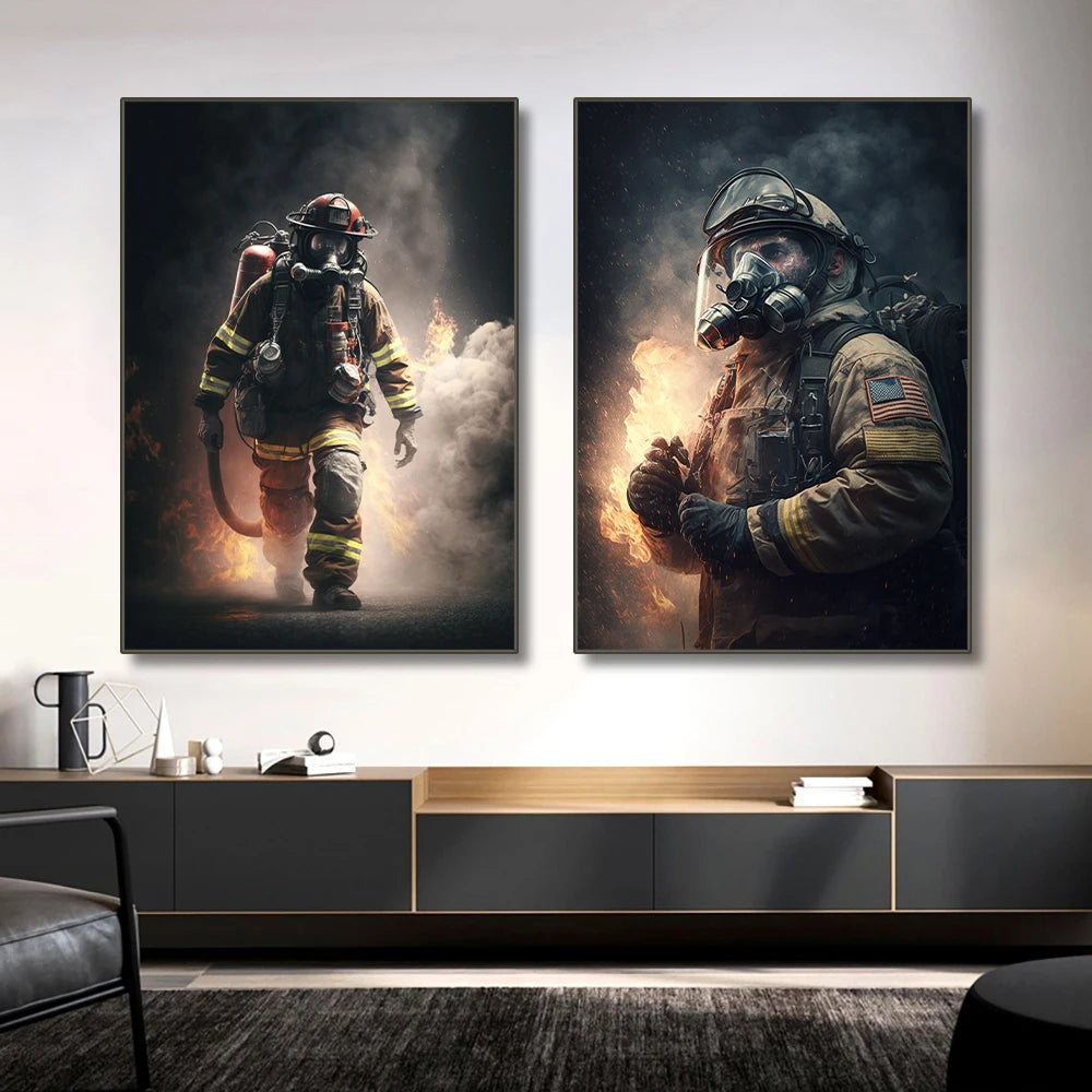 bold firefighter portrait motivational canvas wall art