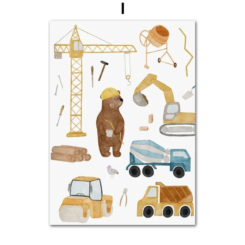 Cartoon Bear Construction Vehicle Canvas Art