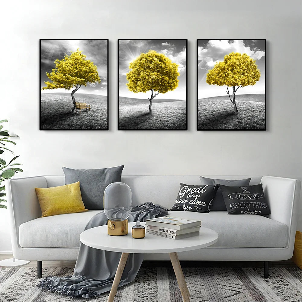 Three-piece abstract yellow tree canvas wall art