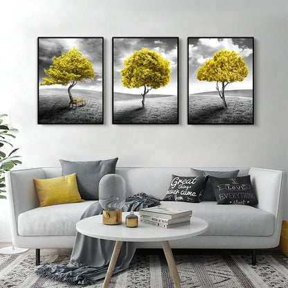 Three-piece abstract yellow tree canvas wall art