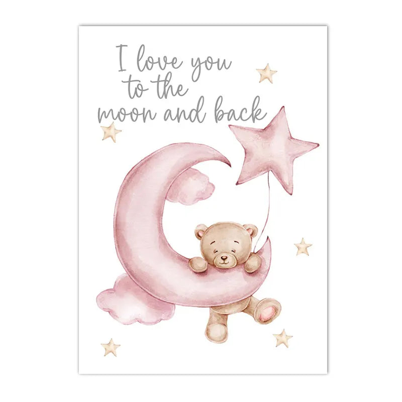 pink cartoon star moon bear nordic nursery canvas