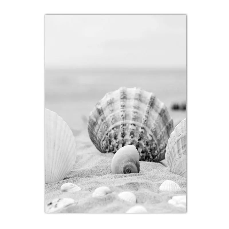 black and white sea waves with coconut tree shells starfish coastal canvas