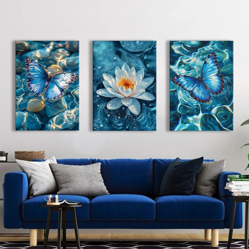 Blue lotus flower with butterflies canvas wall art